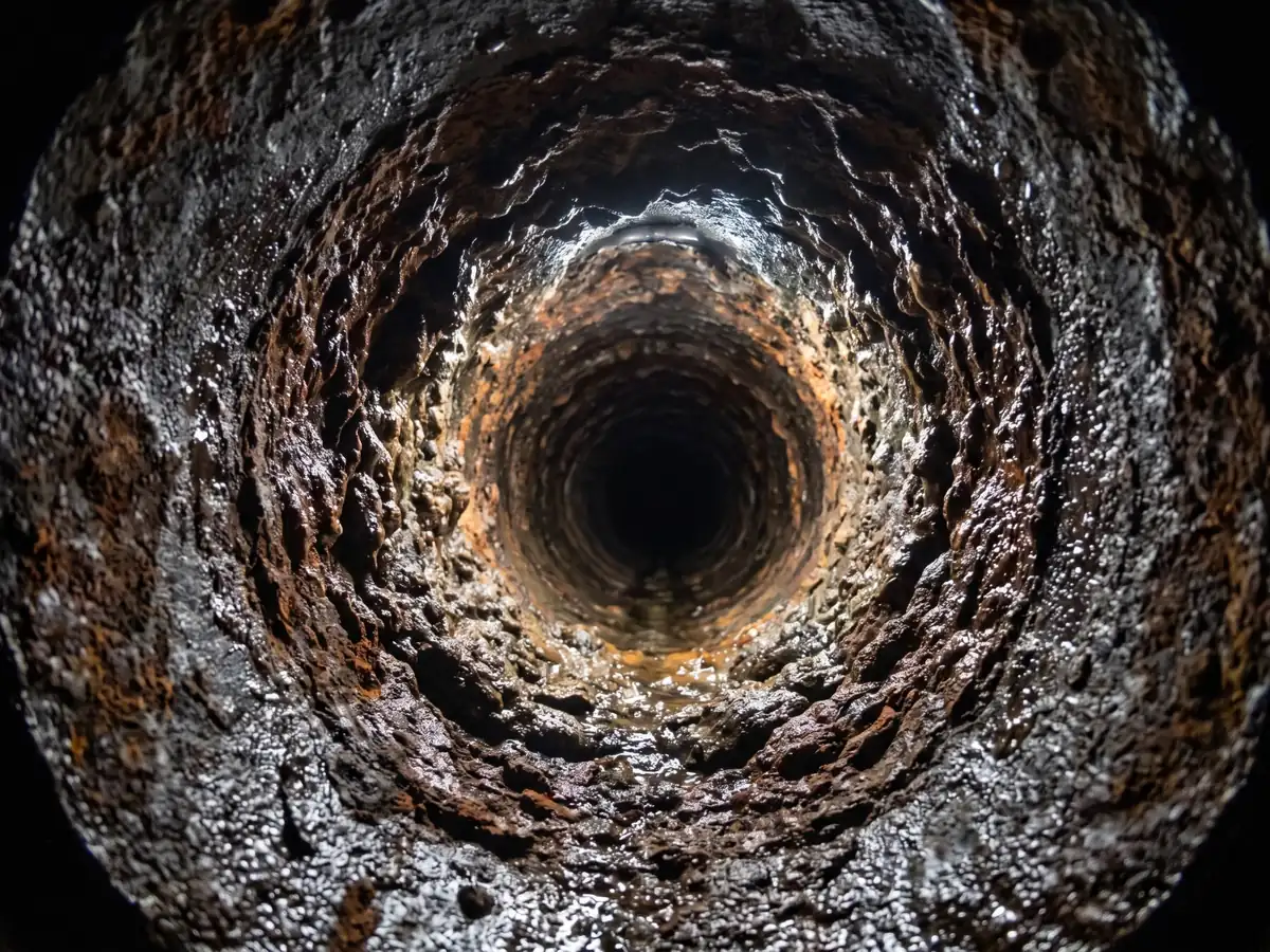 Sewer camera view of heavy rust scale narrowing a cast iron drain pipe