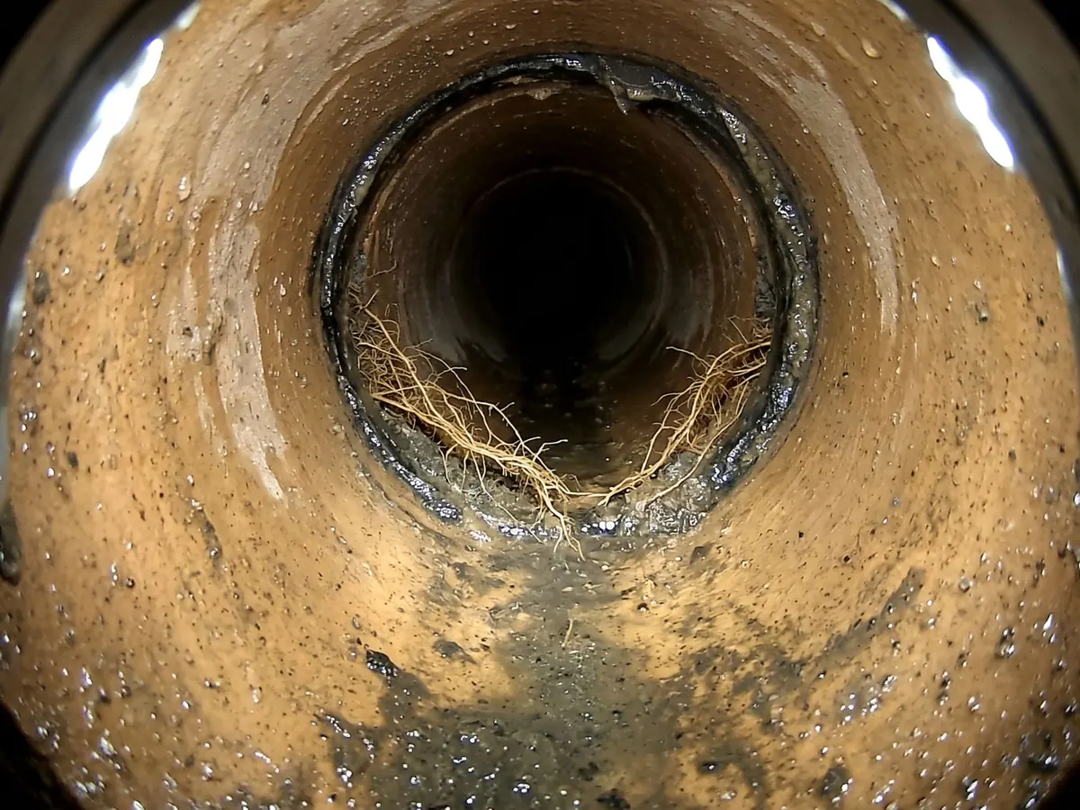 Sewer camera view of fine tree roots entering a pipe joint