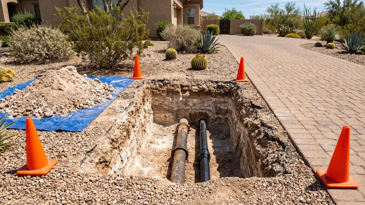 Small excavated access pit beside a paver driveway in a desert-landscaped Phoenix front yard, with a sewer pipe visible at the bottom